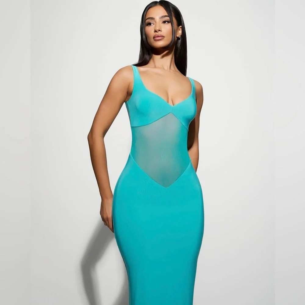 Naked Wardrobe The Smokeshow Maxi Dress Blue NWOT Hourglass Mesh Contrast Small - Picture 3 of 11